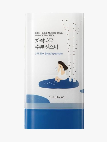 Round Lab Birch Juice Moisturizing Sun Stick SPF 50 blue and white sunscreen stick on light gray background